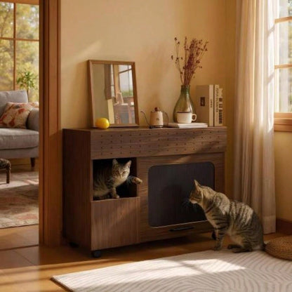 2 IN 1 Multi - use Litter Box Enclosure, Modern Walnut Side Table with Storage, Buffet Cabinet Side Board
