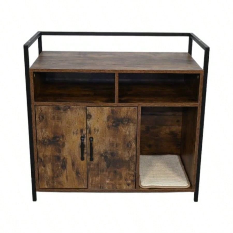 Modern Wooden House with Scratching Pad, Litter Box Enclosure, Spacious Hidden Litter Box - 33.46x 21.06x 21, 45.87 lbs
