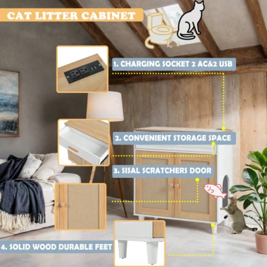 3 IN 1 furniture, Litter box Enclosure with Scratcher, house Modern Side Table with Storage