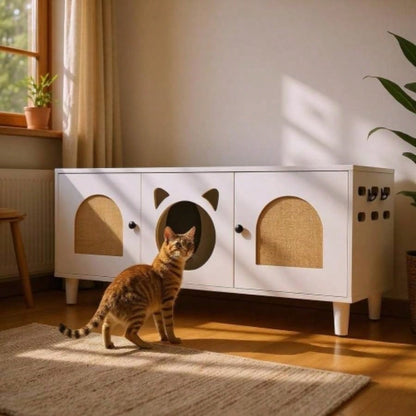 Modern Wood Cabinet with Sisal Scratcher, Litter Box Enclosure with Storage, white Side Table