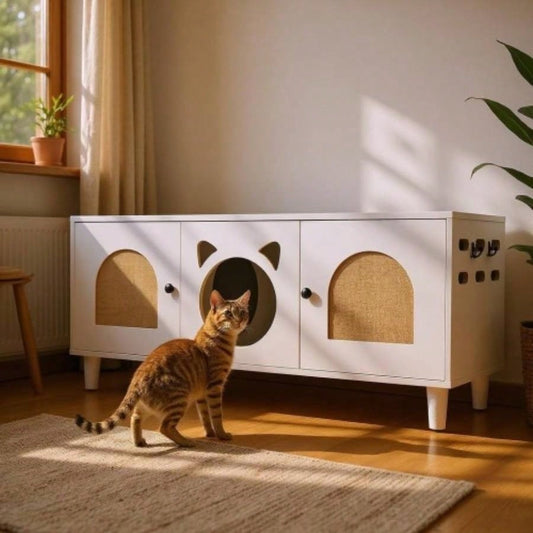Modern Wood Cabinet with Sisal Scratcher, Litter Box Enclosure with Storage, white Side Table