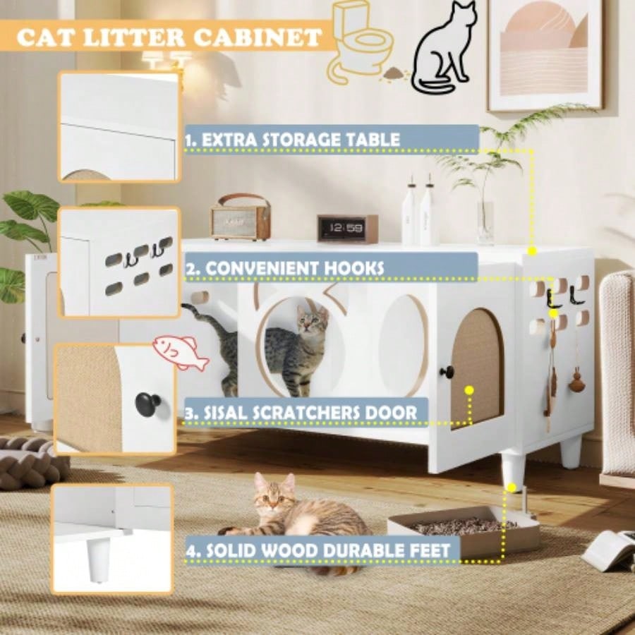 Modern Wood Cabinet with Sisal Scratcher, Litter Box Enclosure with Storage, white Side Table