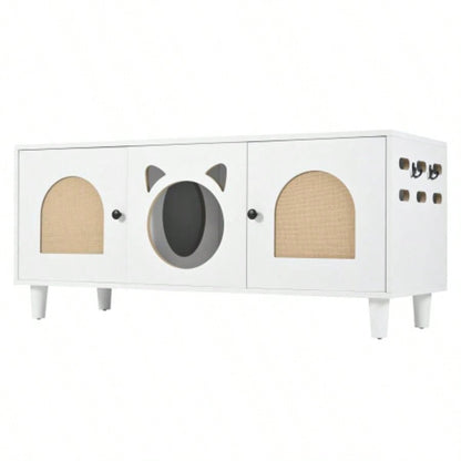 Modern Wood Cabinet with Sisal Scratcher, Litter Box Enclosure with Storage, white Side Table
