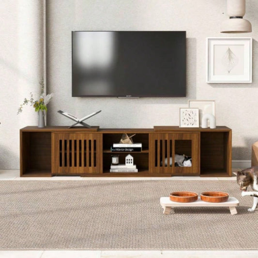 Mid - Modern 2 in 1 Furniture, House Litter Box Enclosure Walnut TV Stand With Extendable table, Sliding door. Wood TV Cabinet with Storage