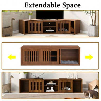 Mid - Modern 2 in 1 Furniture, House Litter Box Enclosure Walnut TV Stand With Extendable table, Sliding door. Wood TV Cabinet with Storage