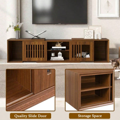 Mid - Modern 2 in 1 Furniture, House Litter Box Enclosure Walnut TV Stand With Extendable table, Sliding door. Wood TV Cabinet with Storage