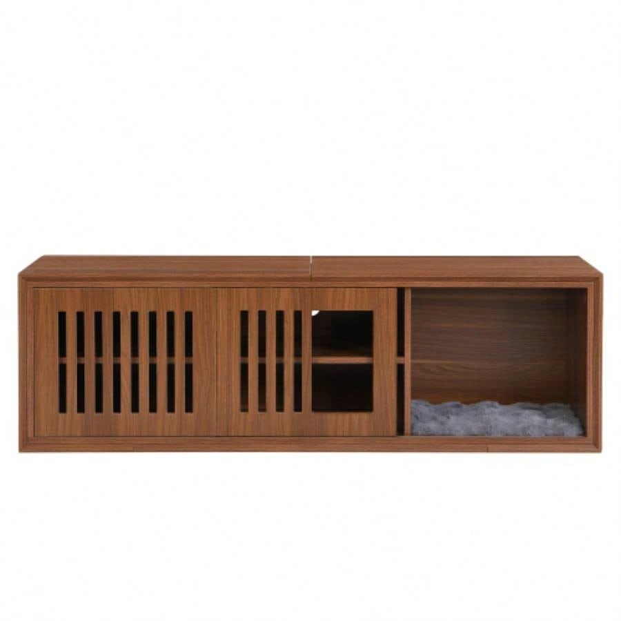 Mid - Modern 2 in 1 Furniture, House Litter Box Enclosure Walnut TV Stand With Extendable table, Sliding door. Wood TV Cabinet with Storage