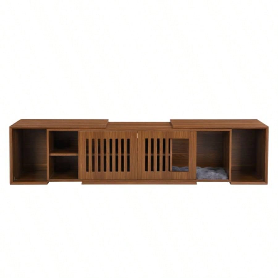 Mid - Modern 2 in 1 Furniture, House Litter Box Enclosure Walnut TV Stand With Extendable table, Sliding door. Wood TV Cabinet with Storage
