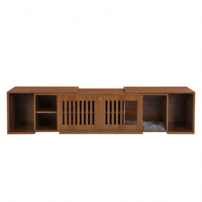 Mid - Modern 2 in 1 Furniture, House Litter Box Enclosure Walnut TV Stand With Extendable table, Sliding door. Wood TV Cabinet with Storage