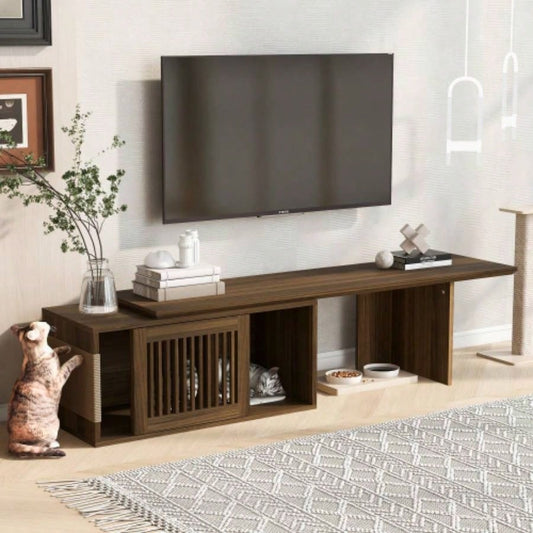 Mid - Modern 2 in 1 Furniture Walnut TV Stand With Extendable table, Litter Box Enclosure with Scratcher