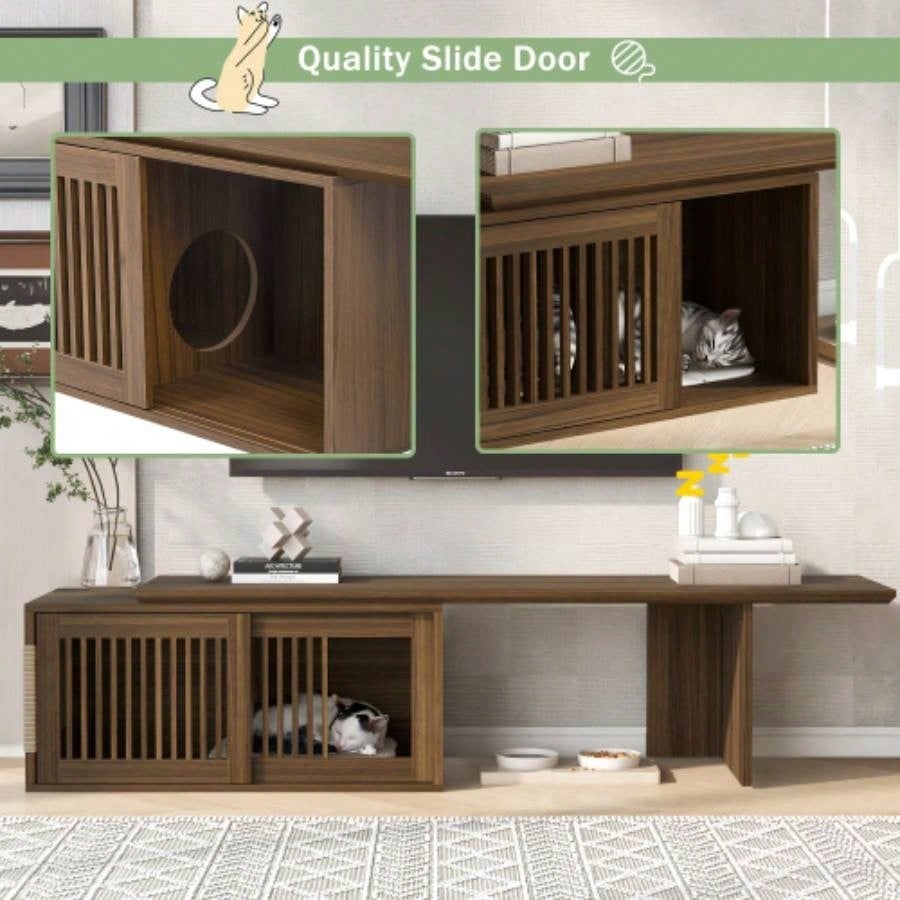 Mid - Modern 2 in 1 Furniture Walnut TV Stand With Extendable table, Litter Box Enclosure with Scratcher