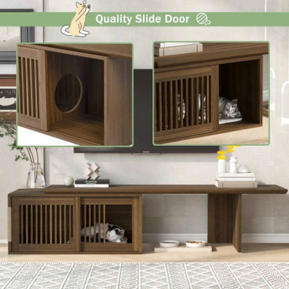 Mid - Modern 2 in 1 Furniture Walnut TV Stand With Extendable table, Litter Box Enclosure with Scratcher