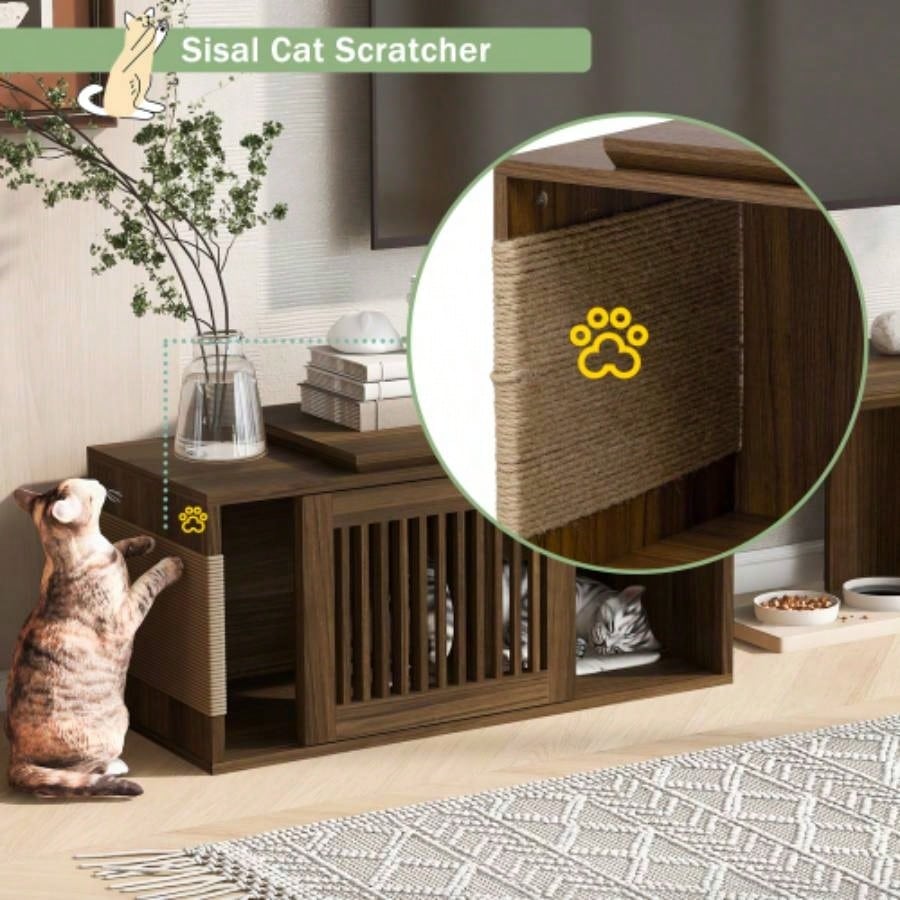 Mid - Modern 2 in 1 Furniture Walnut TV Stand With Extendable table, Litter Box Enclosure with Scratcher