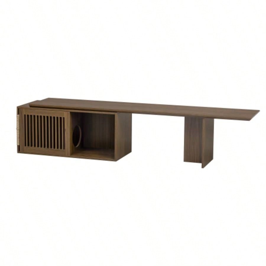 Mid - Modern 2 in 1 Furniture Walnut TV Stand With Extendable table, Litter Box Enclosure with Scratcher