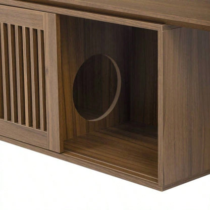 Mid - Modern 2 in 1 Furniture Walnut TV Stand With Extendable table, Litter Box Enclosure with Scratcher