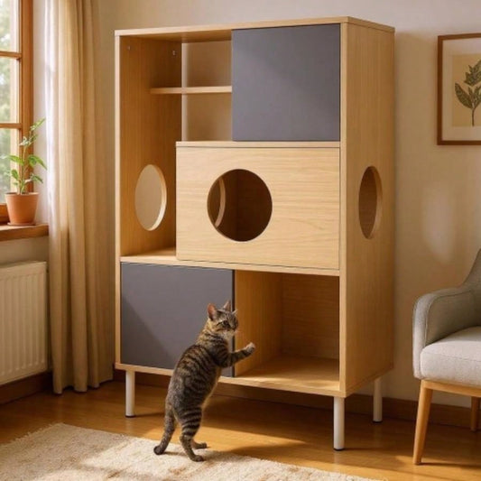 2 IN 1 Modern Tree Bookshelf with Storage, Wood Bookcase with Litter Box Enclosure, Climbing Shelves with Hidden Storage