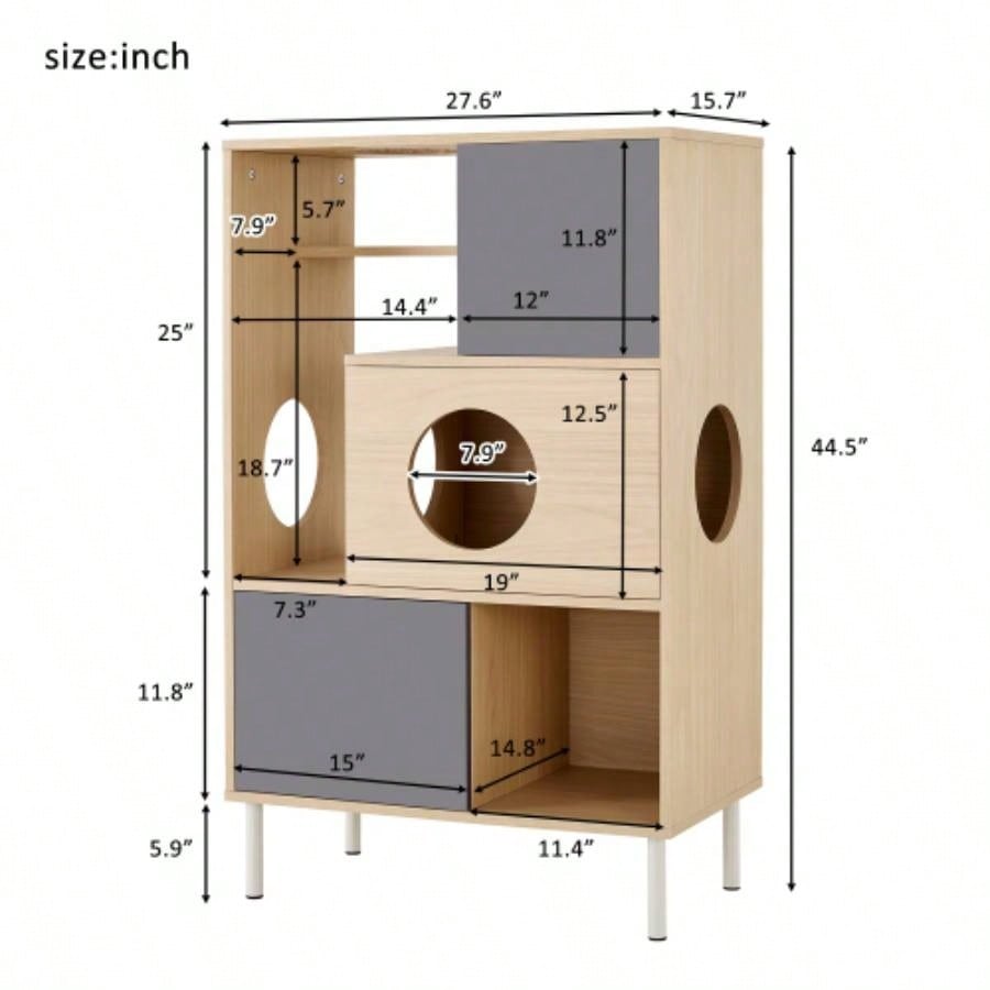 2 IN 1 Modern Tree Bookshelf with Storage, Wood Bookcase with Litter Box Enclosure, Climbing Shelves with Hidden Storage