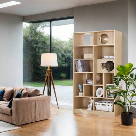 Modern 2 IN 1 Wood Bookshelf House, Tree Display with Storage, Litter Box Enclosure Climbing Shelf