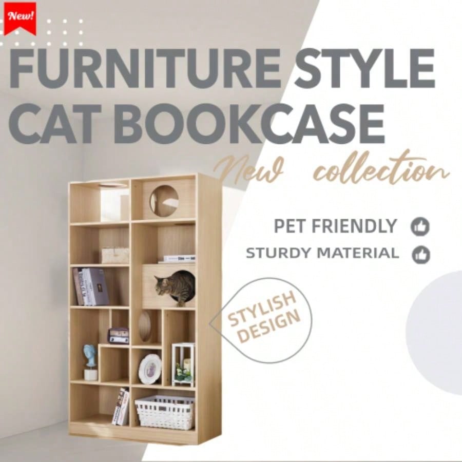 Modern 2 IN 1 Wood Bookshelf House, Tree Display with Storage, Litter Box Enclosure Climbing Shelf