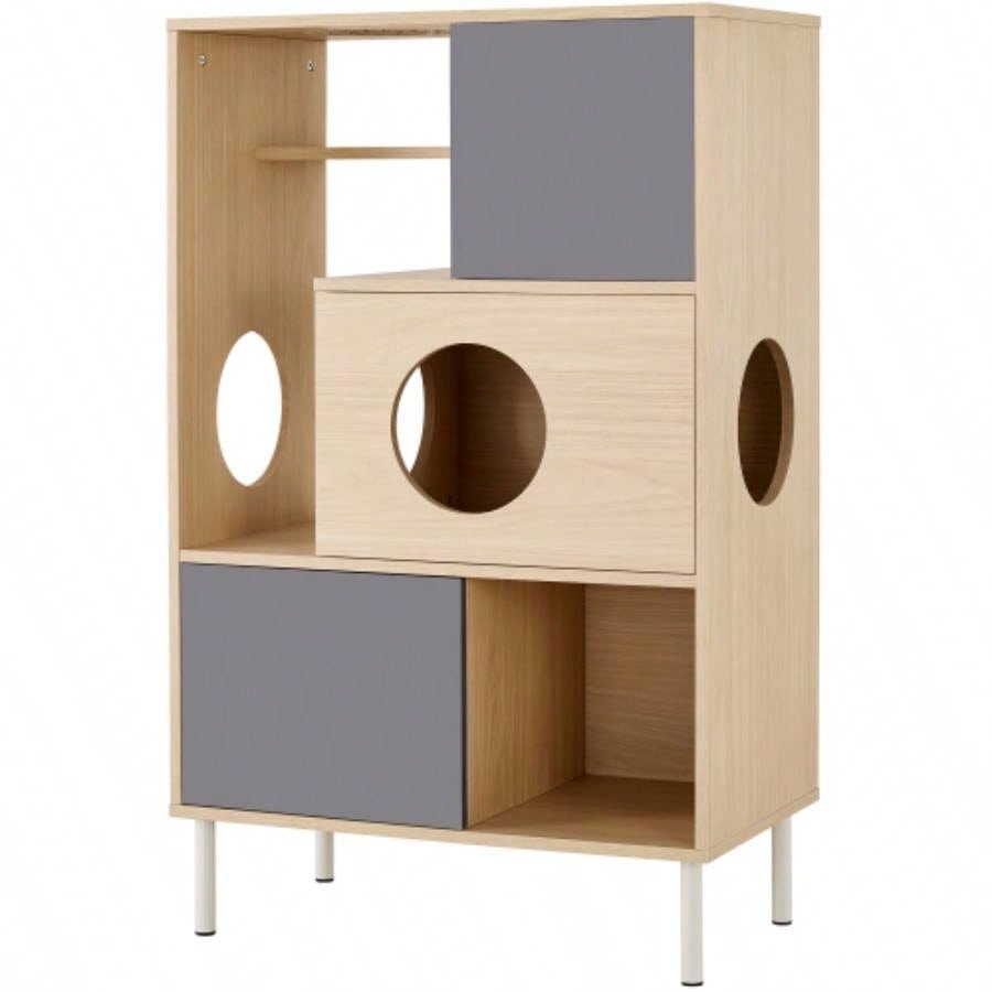 2 IN 1 Modern Tree Bookshelf with Storage, Wood Bookcase with Litter Box Enclosure, Climbing Shelves with Hidden Storage