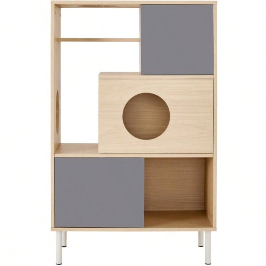 2 IN 1 Modern Tree Bookshelf with Storage, Wood Bookcase with Litter Box Enclosure, Climbing Shelves with Hidden Storage