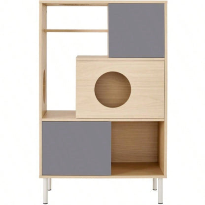 2 IN 1 Modern Tree Bookshelf with Storage, Wood Bookcase with Litter Box Enclosure, Climbing Shelves with Hidden Storage