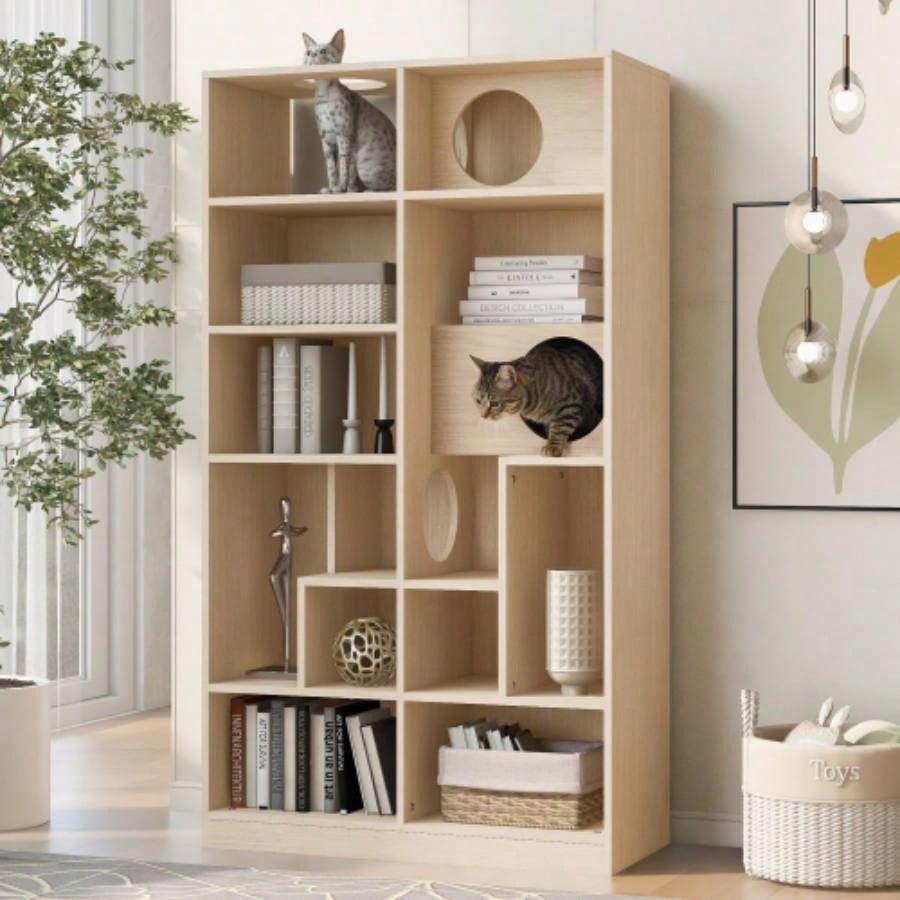 Modern 2 IN 1 Wood Bookshelf House, Tree Display with Storage, Litter Box Enclosure Climbing Shelf