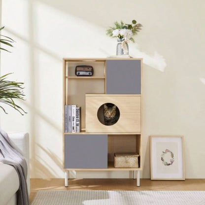 2 IN 1 Modern Tree Bookshelf with Storage, Wood Bookcase with Litter Box Enclosure, Climbing Shelves with Hidden Storage