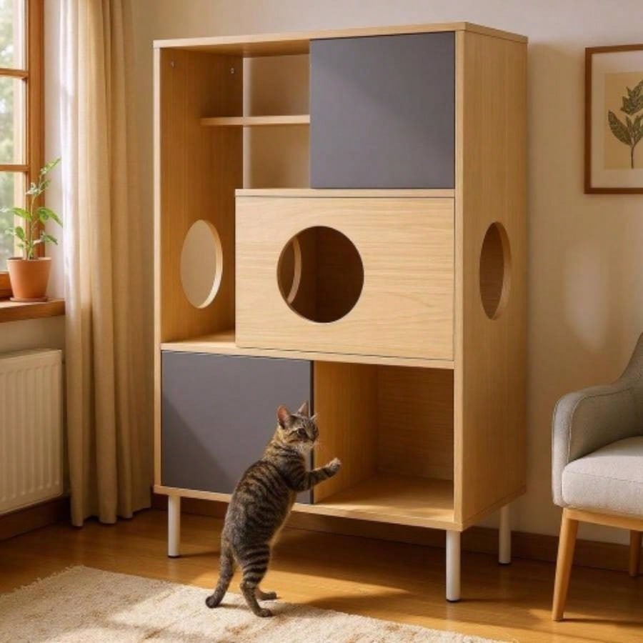 2 IN 1 Modern Tree Bookshelf with Storage, Wood Bookcase with Litter Box Enclosure, Climbing Shelves with Hidden Storage