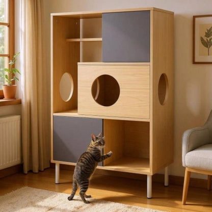 2 IN 1 Modern Tree Bookshelf with Storage, Wood Bookcase with Litter Box Enclosure, Climbing Shelves with Hidden Storage