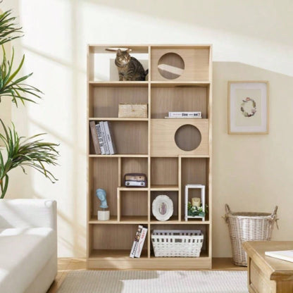 Modern 2 IN 1 Wood Bookshelf House, Tree Display with Storage, Litter Box Enclosure Climbing Shelf
