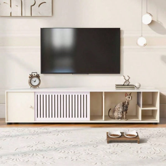 Modern White TV Stand with Storage, Litter Box Enclosure with Removable Sliding Door
