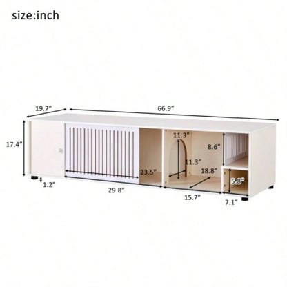 Modern White TV Stand with Storage, Litter Box Enclosure with Removable Sliding Door