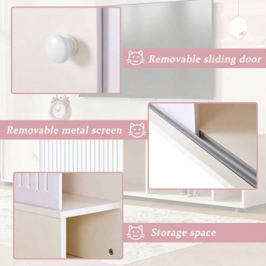 Modern White TV Stand with Storage, Litter Box Enclosure with Removable Sliding Door