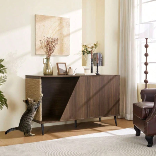 Furniture 2 IN 1 Modern Walnut Cabinet Side Table With Spring - Loaded Door, Litter Box Enclosure with Sisal Scatcher