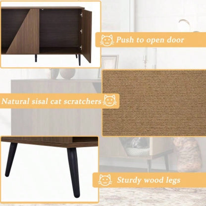 Furniture 2 IN 1 Modern Walnut Cabinet Side Table With Spring - Loaded Door, Litter Box Enclosure with Sisal Scatcher