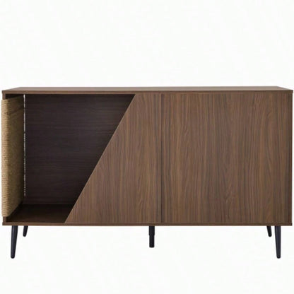 Furniture 2 IN 1 Modern Walnut Cabinet Side Table With Spring - Loaded Door, Litter Box Enclosure with Sisal Scatcher
