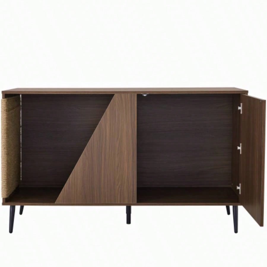 Furniture 2 IN 1 Modern Walnut Cabinet Side Table With Spring - Loaded Door, Litter Box Enclosure with Sisal Scatcher
