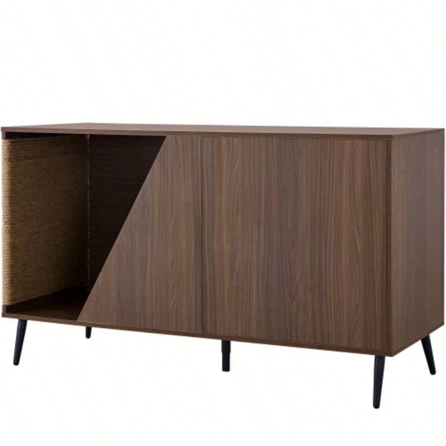 Furniture 2 IN 1 Modern Walnut Cabinet Side Table With Spring - Loaded Door, Litter Box Enclosure with Sisal Scatcher
