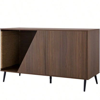 Furniture 2 IN 1 Modern Walnut Cabinet Side Table With Spring - Loaded Door, Litter Box Enclosure with Sisal Scatcher