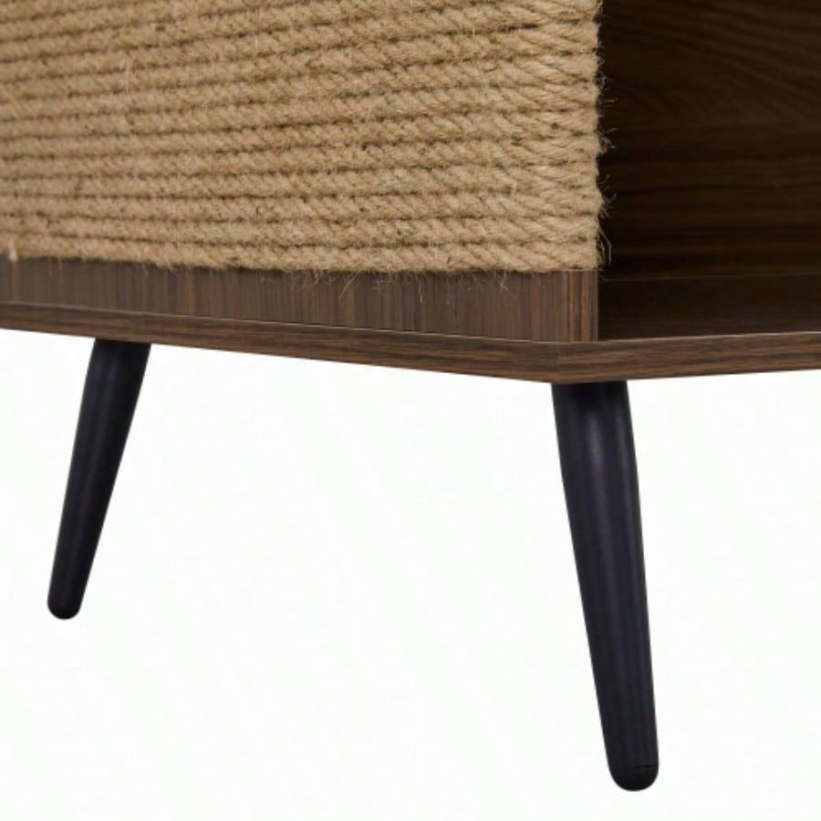 Furniture 2 IN 1 Modern Walnut Cabinet Side Table With Spring - Loaded Door, Litter Box Enclosure with Sisal Scatcher