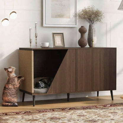 Furniture 2 IN 1 Modern Walnut Cabinet Side Table With Spring - Loaded Door, Litter Box Enclosure with Sisal Scatcher