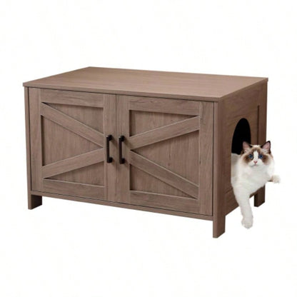 Litter Box Enclosure, Litter Box Furniture Hidden with Barn Door, Wooden Washroom Furniture, House, End Table, Fit Most of Litter Box, Greige