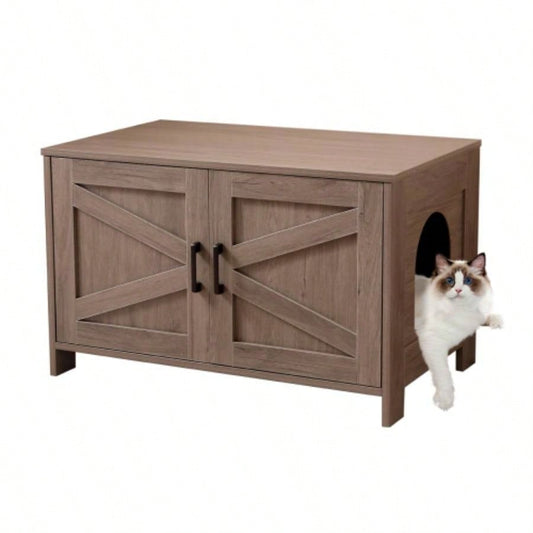 Litter Box Enclosure, Litter Box Furniture Hidden with Barn Door, Wooden Washroom Furniture, House, End Table, Fit Most of Litter Box, Greige