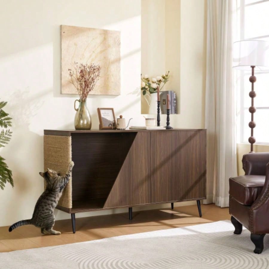 Furniture 2 IN 1 Modern Walnut Cabinet Side Table With Spring - Loaded Door, Litter Box Enclosure with Sisal Scatcher