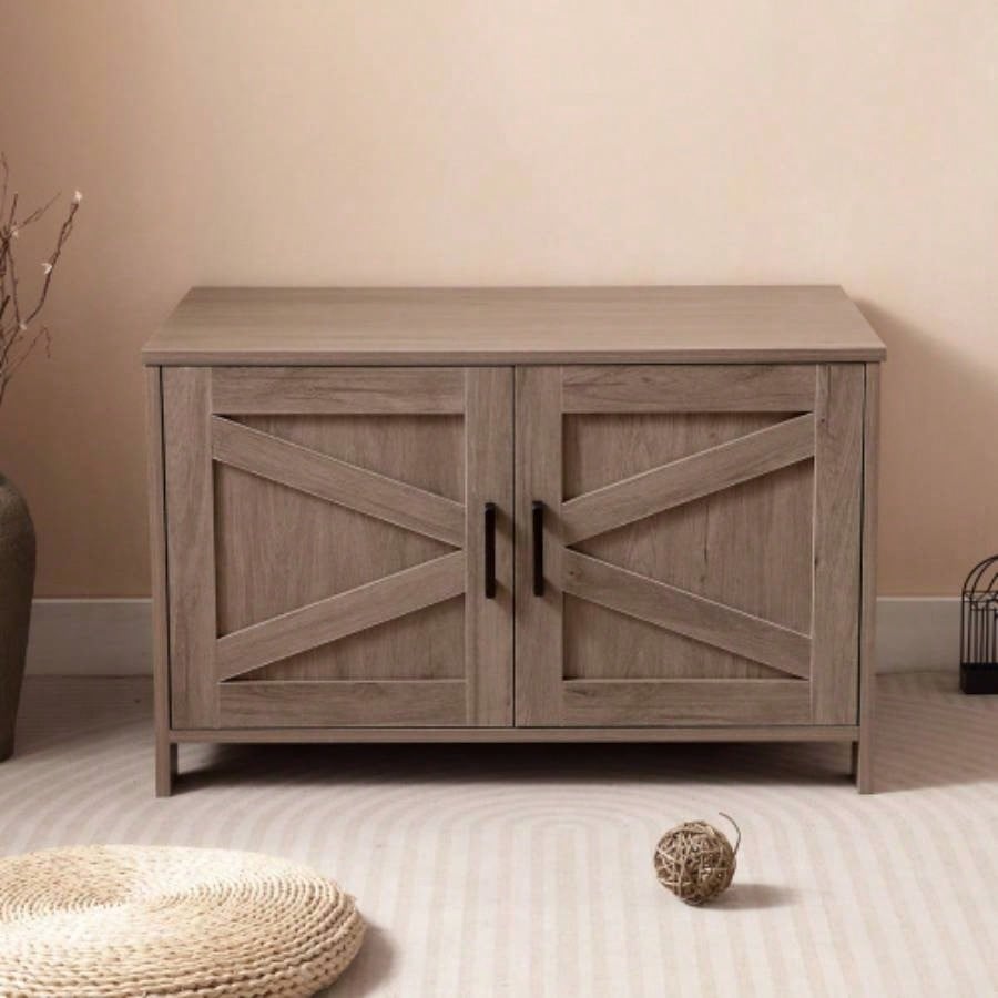 Litter Box Enclosure, Litter Box Furniture Hidden with Barn Door, Wooden Washroom Furniture, House, End Table, Fit Most of Litter Box, Greige