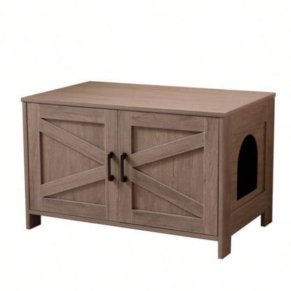 Litter Box Enclosure, Litter Box Furniture Hidden with Barn Door, Wooden Washroom Furniture, House, End Table, Fit Most of Litter Box, Greige