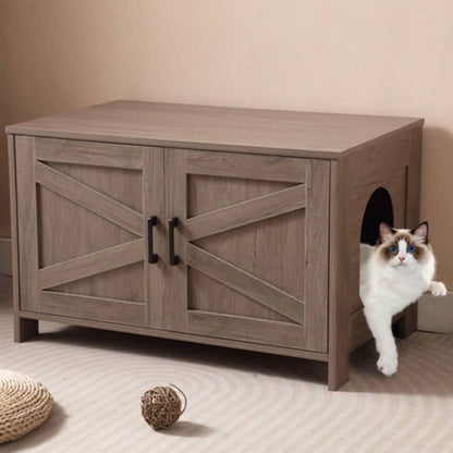 Litter Box Enclosure, Litter Box Furniture Hidden with Barn Door, Wooden Washroom Furniture, House, End Table, Fit Most of Litter Box, Greige