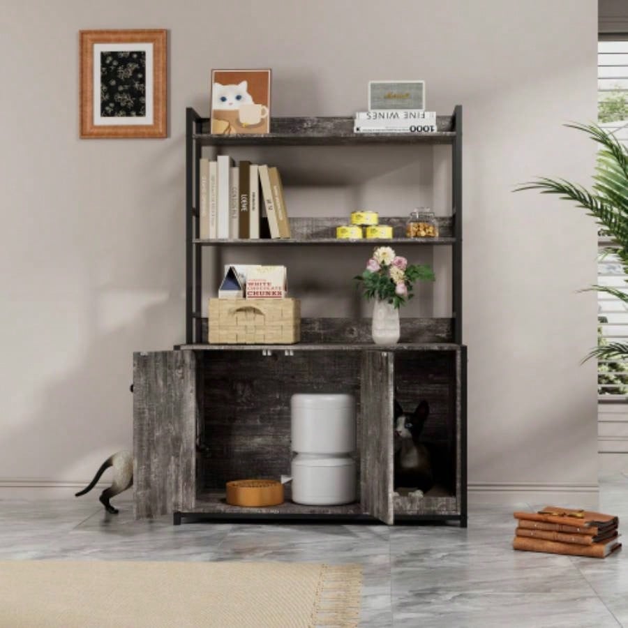 Large Litter Box Enclosure With Shelf Storage, Hidden Washroom Furniture, Wooden House With Scratch Pad, Sturdy Indoor Cabinet With 2 Doors
