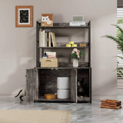 Large Litter Box Enclosure With Shelf Storage, Hidden Washroom Furniture, Wooden House With Scratch Pad, Sturdy Indoor Cabinet With 2 Doors